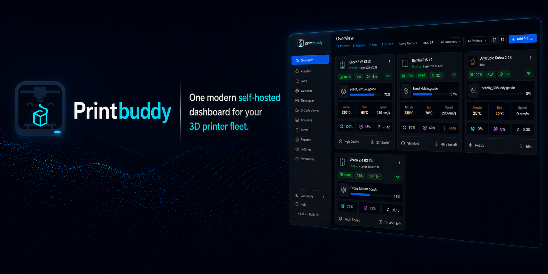 Printbuddy self-hosted 3D printer fleet dashboard with printer cards and live print status